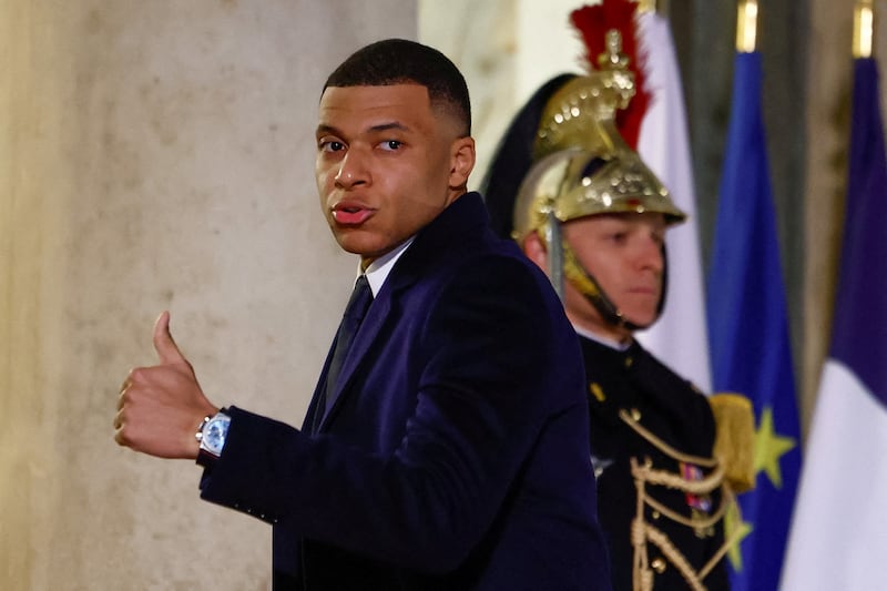Mbappe gives the thumbs-up before the state dinner in honour of Sheikh Tamim. Reuters