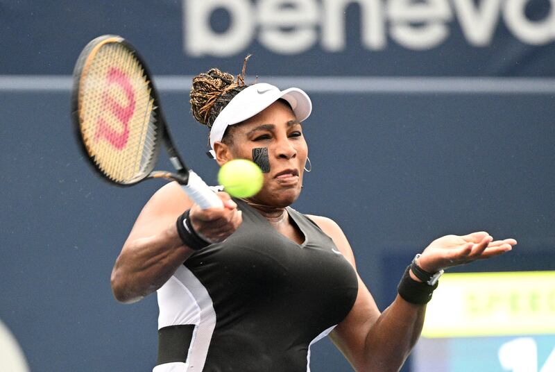 Serena Williams plays a shot against Nuria Parrizas Diaz in first round play in the National Bank Open at Sobeys Stadium. Reuters