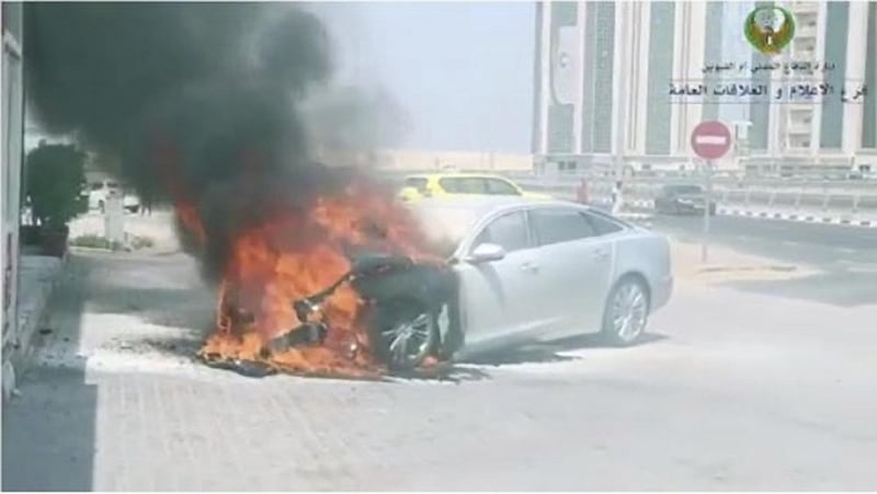 An overheated car bursts into flames in the Hadath area of Umm Al Quwain. UAQ Civil Defence