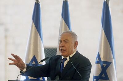 Benjamin Netanyahu, Israel's prime minister, gestures as he speaks during a memorial ceremony in Hebron, West Bank, on Wednesday, Sept. 4, 2019. The annexation of captured West Bank territory, long considered taboo in Israeli politics because of the international outcry it would spark, has become the clarion call of the Israeli right. Photographer: Kobi Wolf/Bloomberg