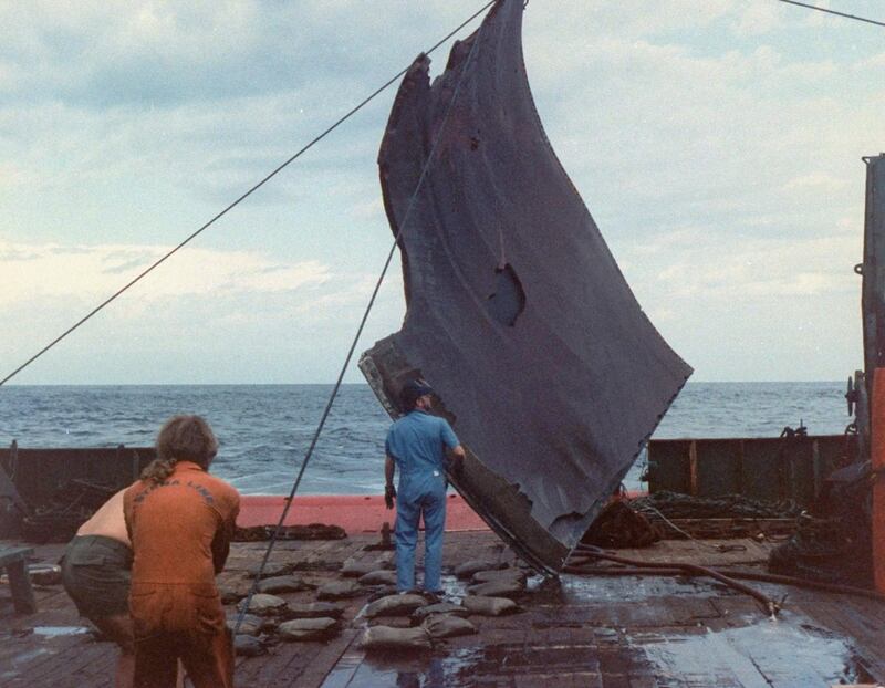 Piece of space shuttle Challenger debris being hoisted onto deck of Stena Workhorse by crew during recovery mission to assist process of studying accident which left crew of 7 dead. Off coast of FL  (Photo by Time Life Pictures/NASA/The LIFE Picture Collection via Getty Images)