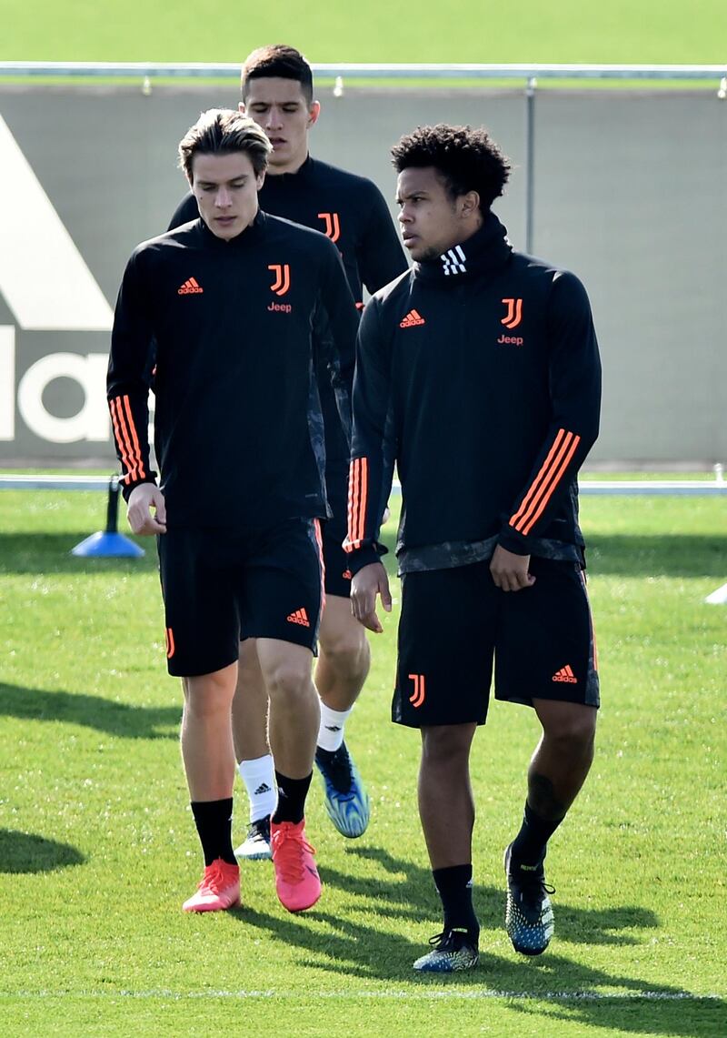 Juventus' American midfielder Weston McKennie, right, during training. Reuters