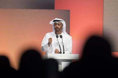 President Sheikh Mohamed, who was Crown Prince of Abu Dhabi at the time, delivers the keynote speech during the Mohamed bin Zayed Majlis for Future Generations summit in 2017. Photo: Crown Prince Court Abu Dhabi