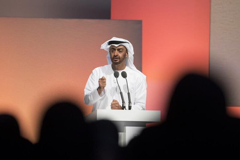 Sheikh Mohamed bin Zayed delivers a keynote speech during the Mohamed Bin Zayed Majlis for Future Generations summit, at Abu Dhabi National Exhibition Centre. Ryan Carter / Crown Prince Court – Abu Dhabi