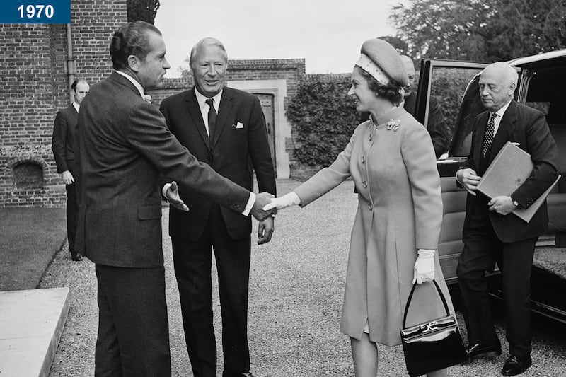 1970: US president Richard Nixon and British prime minister Edward Heath meet the queen for lunch at Chequers.