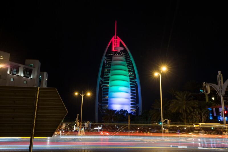 DUBAI, UNITED ARAB EMIRATES- Burj Al Arab lit up with UAE flag at Dubai Mall, Dubai.  Leslie Pableo for The National