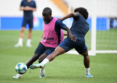 ISTANBUL, TURKEY - AUGUST 13: N'Golo Kante and Willian of Chelsea during a Chelsea Training Session ahead of the UEFA Super Cup Final between Liverpool and Chelsea at the Vodafone Arena on August 13, 2019 in Istanbul, Turkey. (Photo by Michael Regan/Getty Images)