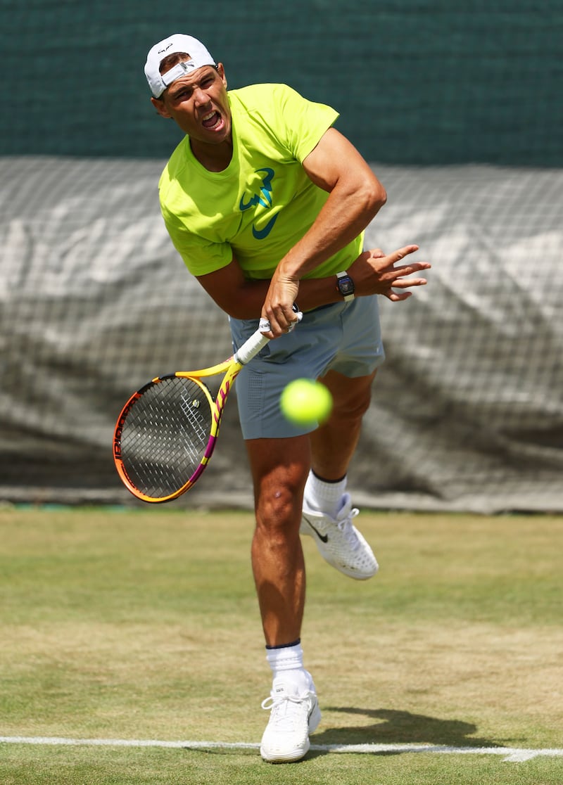 Rafael Nadal serves during a practice session ahead of his Wimbledon first-round match against Francisco Cerundolo. Getty