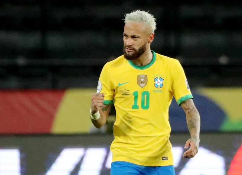 Brazil's Neymar celebrates scoring their second goal in the Copa America against Peru. Reuters