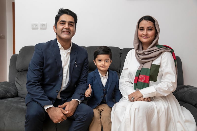 Dr Javairia Hassan, 30, said she was ecstatic that the contribution of the frontline workers was being recognised. Pictured is her husband Hassan Ashraf and three-year-old son Muhammad.