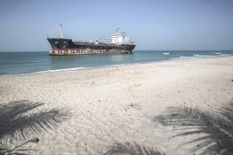 DUBAI, UNITED ARAB EMIRATES. 24 JANUARY 2021. A ship that ran around off the public beach in Umm Al Quwain. (Photo: Antonie Robertson/The National) Journalist: Nick Webster Section: National.