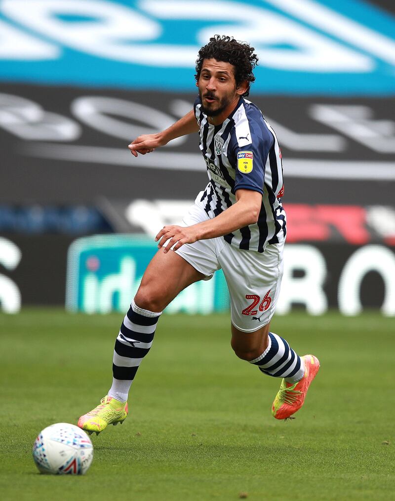 WEST BROMWICH, ENGLAND - JULY 05:  Ahmed Hegazi of West Bromwich Albion runs with the ball during the Sky Bet Championship match between West Bromwich Albion and Hull City at The Hawthorns on July 05, 2020 in West Bromwich, England. (Photo by David Rogers/Getty Images)