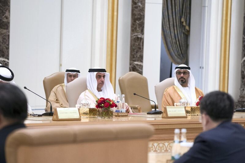 ABU DHABI, UNITED ARAB EMIRATES - July 20, 2018: HH Major General Sheikh Khaled bin Mohamed bin Zayed Al Nahyan, Deputy National Security Adviser (R) and HH Lt General Sheikh Saif bin Zayed Al Nahyan, UAE Deputy Prime Minister and Minister of Interior (2nd R), attend a meeting with HE Xi Jinping, President of China (not shown), during a reception at the Presidential Palace. 

( Rashed Al Mansoori / Crown Prince Court - Abu Dhabi )
---