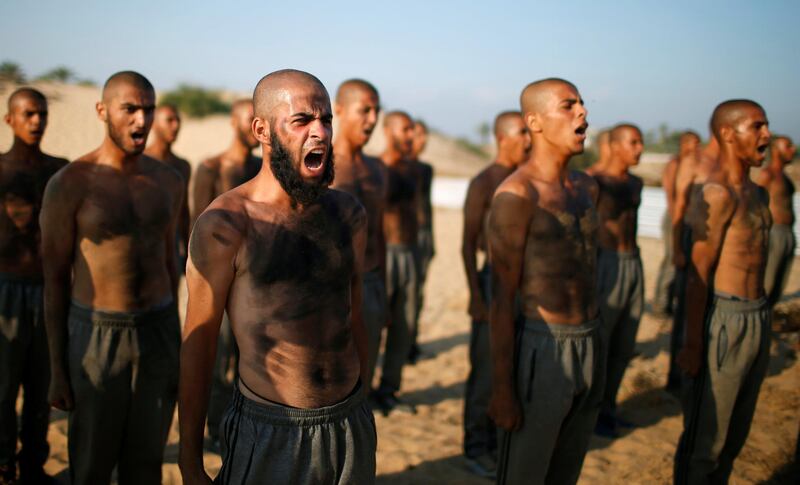 Palestinian cadets take part in an exercise at a police college run by the Hamas-led interior ministry in Khan Younis in the southern Gaza Strip. Reuters