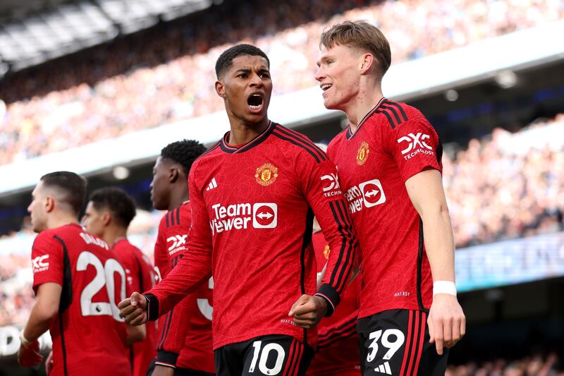 Marcus Rashford of Manchester United celebrates with Scott McTominay after scoring his team's first goal. Getty Images