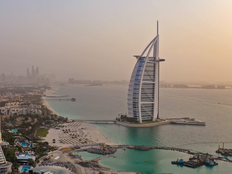 Burj Al Arab in Dubai. Non-oil private companies in the UAE benefitted from a rise in new orders and project work in April. Unsplash