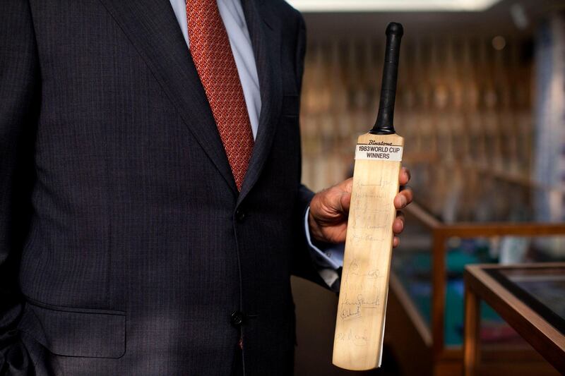 Dubai, United Arab Emirates, November 19, 2012:     Favourite things: His first bit of memoriabila, a signed mini-bat, from the 1983 world cup winning Indian team, which he attended.

Shyam Bhatia has made a museum out of his cricket collection at his home in the Jumeirah area in Dubai on November 19, 2012. Christopher Pike / The National