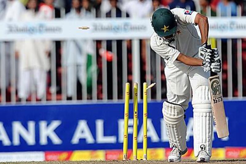 Sharjah, United Arab Emirates- November 05,  2011:  Pakistan's cricketer Younis Khan was clean bowled by Chanaka Welegedara during the third day of the third and final Test match between Pakistan and Sri Lanka at the cricket stadium in Sharjah. (  Satish Kumar / The National ) For Sports