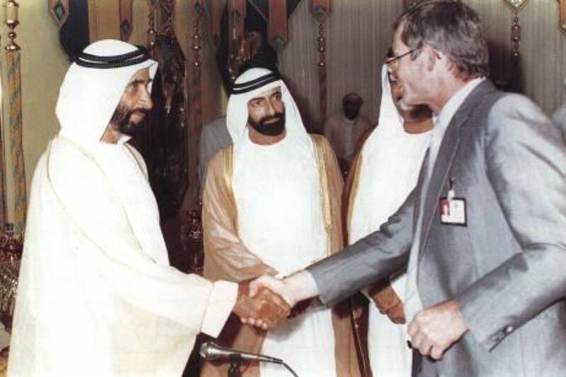 30/06/09 -  Left to Right - Sheikh Zayed, Sheikh Ahmed bin Hamed, former Minister of Information and Culture, and Victor Lebedev.  Picture taken in 1989 at Al Mushrif Palace during the 17th Anniversary of National Day.   Photo courtesy of Victor Lebedev.    (Andrew Henderson/The National) *** Local Caption ***  ah_090630_Russian_Translator_0002.JPG ah_090630_Russian_Translator_0002.JPG