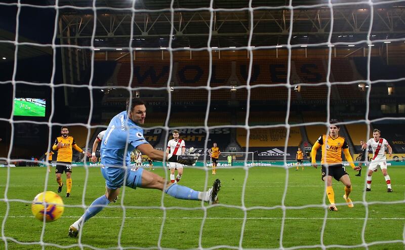 Wolves midfielder Pedro Neto scores the equalising goal against Southampton. AFP