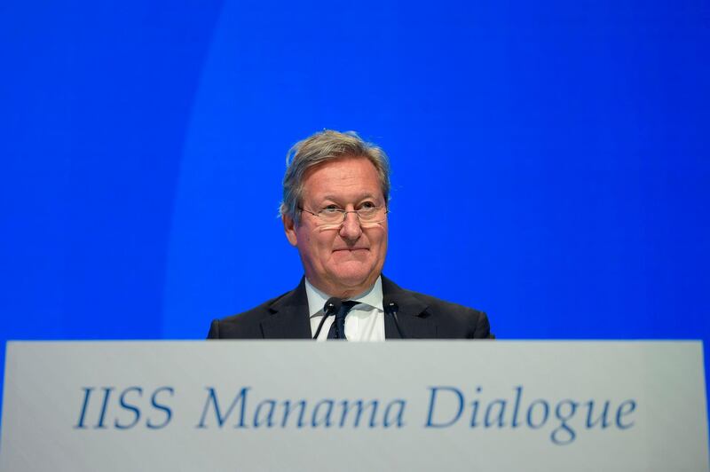John Chipman, CEO of the International Institute for Strategic Studies (IISS), speaks during the opening of the 15th Manama Dialogue.  AFP