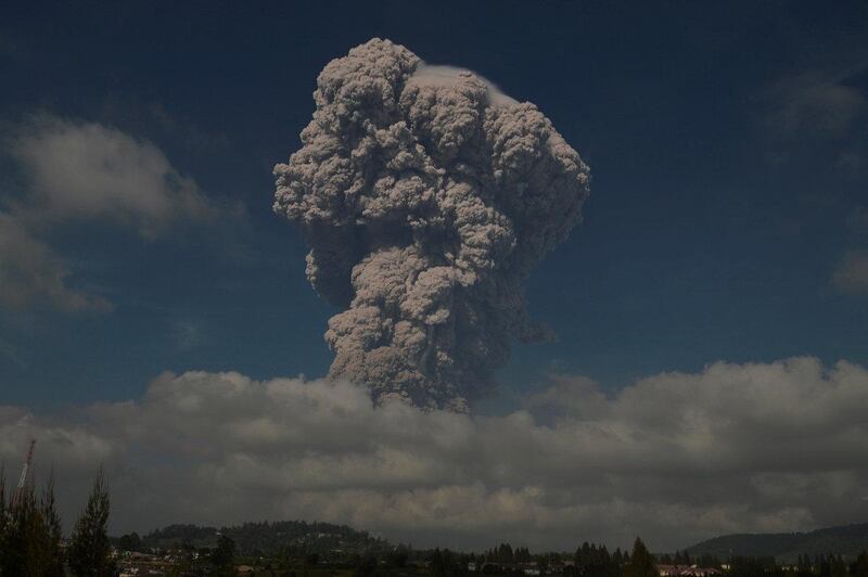 Ash from Mount Sinabung volcano rises. Antara Foto / Maz Yons / via Reuters