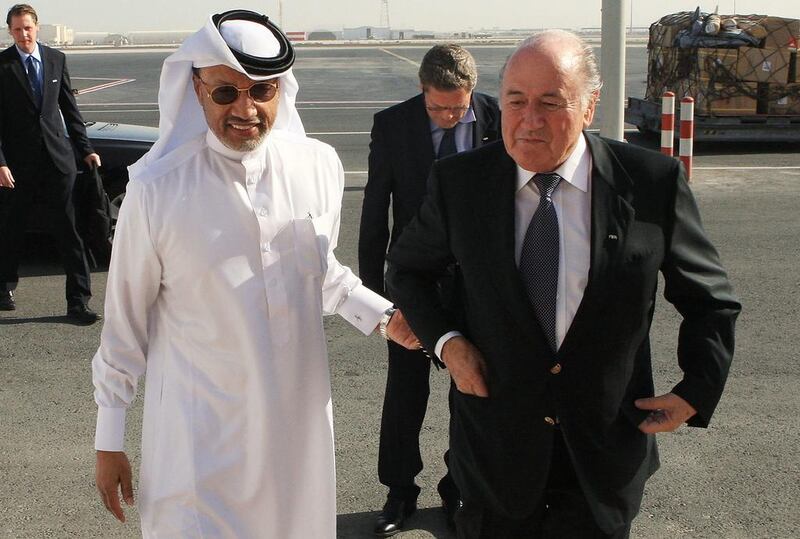 Mohamed bin Hammam, then Asian Football Confederation president, shown with Fifa president Sepp Blatter in December, 2010 during an official visit to Qatar by Blatter. AFP Photo