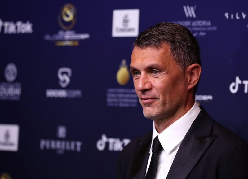 Former AC Millan and Italy defender Paolo Maldini attends Dubai Globe Soccer Awards 2022. Maldini and sport director Frederic Massara jointly received the Sporting Director Awrd for their work at the Italian club AC Milan. Chris Whiteoak / The National