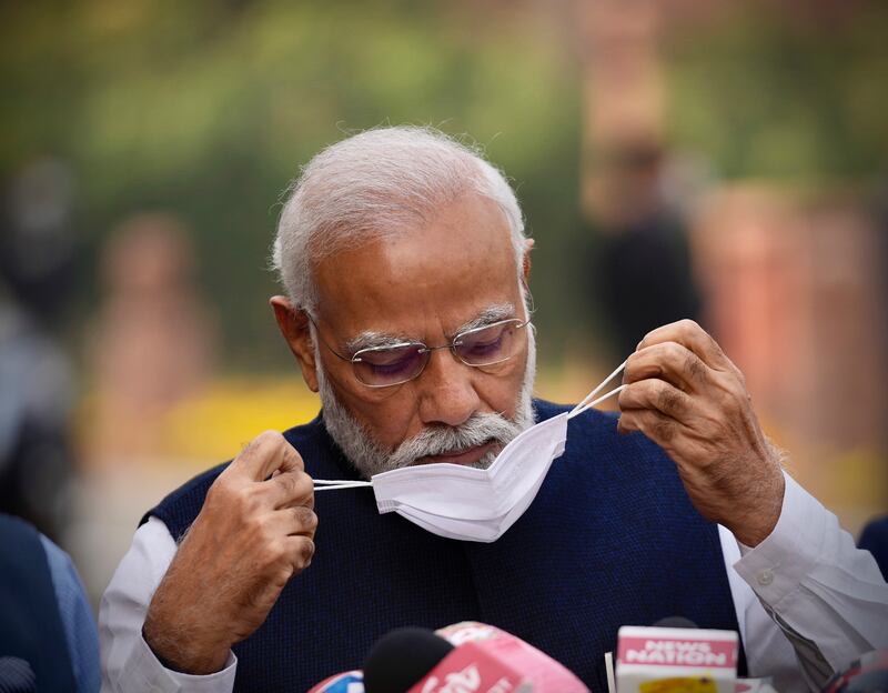 Prime Minister Narendra Modi prepares to address media on the Covid situation in India. AP