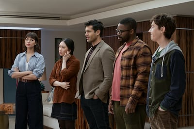 From left: Eiza Gonzalez as Auggie Salazar, Jess Hong as Jin Cheng, Saamer Usmani as Raj Varma, Jovan Adepo as Saul Durand and Alex Sharp as Will Downing in 3 Body Problem. Photo: Netflix