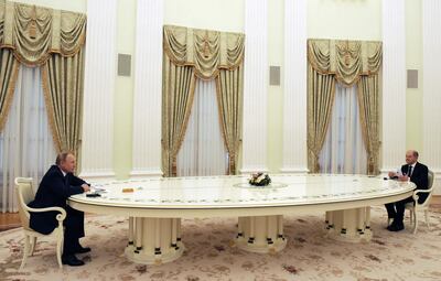 Talks around Mr Putin's long Kremlin table had brought hope of keeping diplomacy alive. AFP 