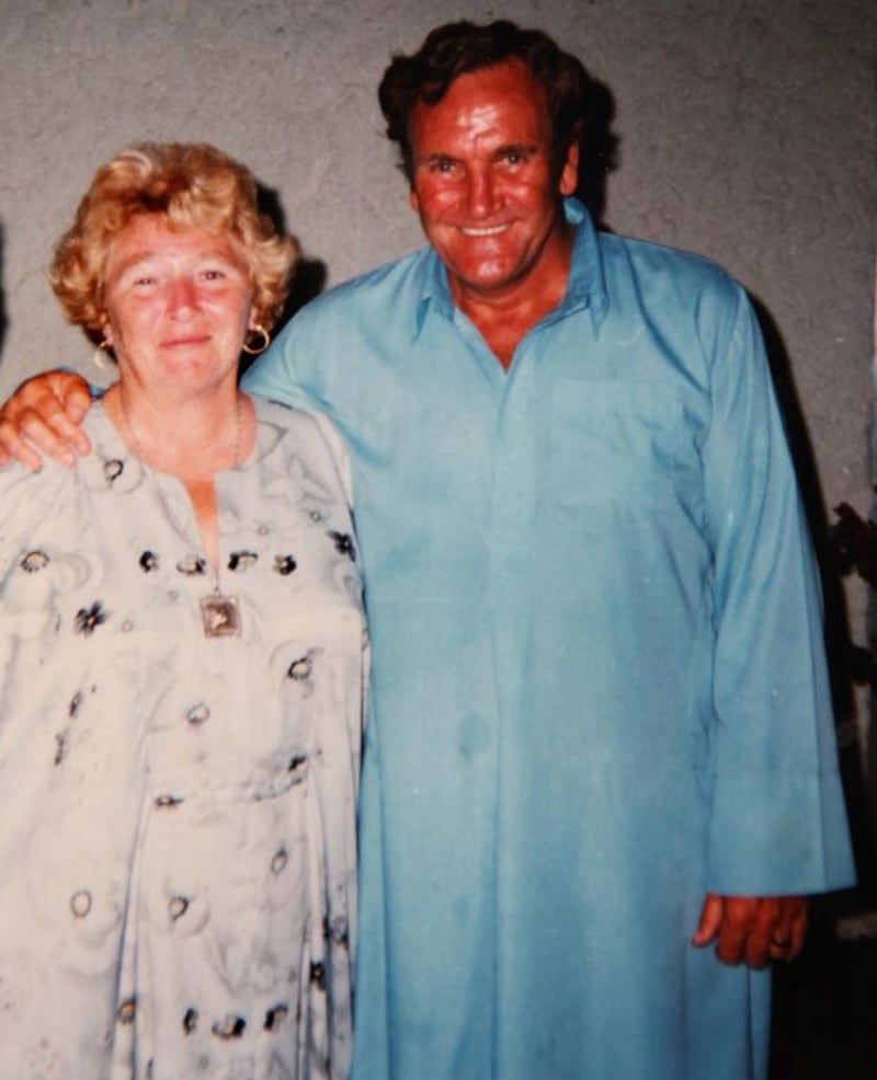 Don Revie in UAE wearing traditional dress with his wife Elsie.