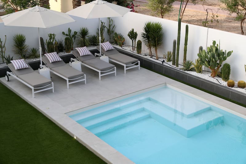 All the plants along Darren and Hayley Bingley's back garden pool are desert plants that thrive on minimal water