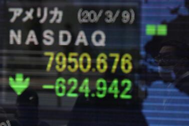 A man wearing protective face mask, following an outbreak of the coronavirus, is reflected in a screen displaying NASDAQ movements outside a brokerage in Tokyo, Japan, March 10, 2020. Reuters