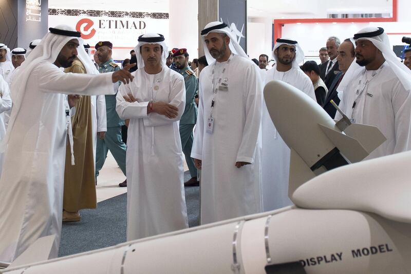 ABU DHABI, UNITED ARAB EMIRATES - February 17, 2019: HH Sheikh Hazza bin Zayed Al Nahyan, Vice Chairman of the Abu Dhabi Executive Council (2nd L), tours the 2019 International Defence Exhibition and Conference (IDEX), at Abu Dhabi National Exhibition Centre (ADNEC).

( Saeed Al Neyadi / Ministry of Presidential Affairs )
---