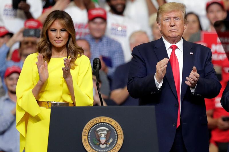 First lady Melania Trump and President Donald Trump greet supporters at a rally to formally announce his 2020 re-election bid in Orlando.  AP