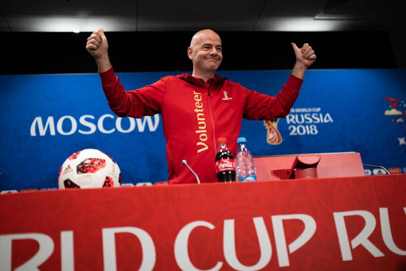 FIFA President Gianni Infantino gestures as he arrives to a news conference during the 2018 soccer World Cup at the Luzhniki stadium in Moscow, Russia, Friday, July 13, 2018. (AP Photo/Francisco Seco)