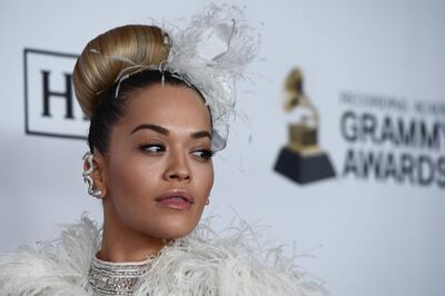 British singer Rita Ora arrives for the traditionnal Clive Davis party on the eve of the 60th Annual Grammy Awards on January 28, 2018, in New York.  / AFP PHOTO / Jewel SAMAD