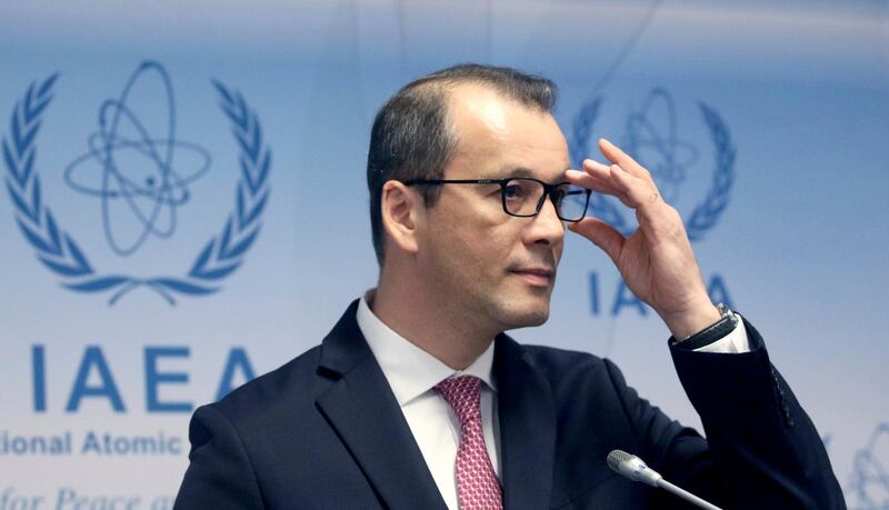Acting Director General of the International Atomic Energy Agency (IAEA), Cornel Feruta, addresses the media during a news conference after a meeting of the IAEA board of governors at the International Center in Vienna, Austria, Thursday, Nov. 21, 2019. (AP Photo/Ronald Zak)
