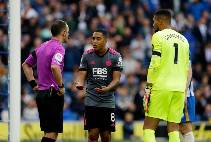 Youri Tielemans of Leicester City argues with referee Stuart Atwell. Getty