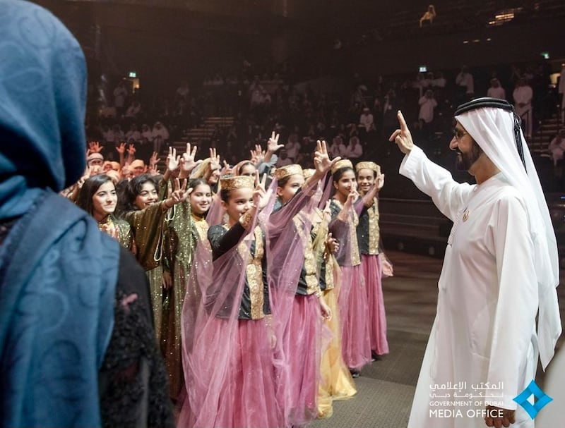 Sheikh Mohammed bin Rashid, Vice President and Ruler of Dubai, waves at children during their performance at 'Le Perle' in Dubai. Photo: Dubai Media Office