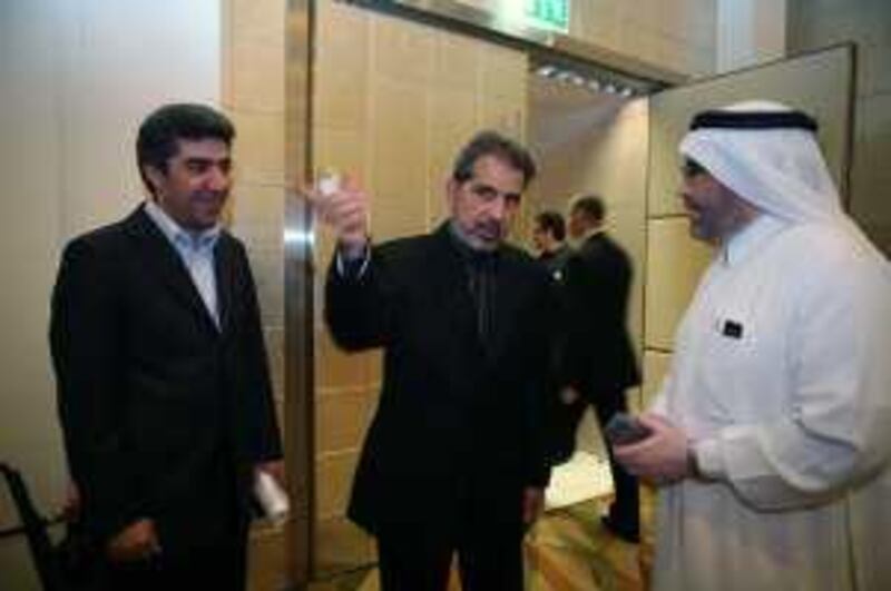 DUBAI, UNITED ARAB EMIRATES - AUGUST 16:  The outgoing Iranian Ambassador, Dr Hamid Reza Asefi (C), during a dinner held in his honour, at the Shangri-La Hotel in Dubai on August 16, 2009. Also pictured is Mohammed Al Habeeb (R), President, Al Habeeb Group of Companies, and Dr Mohammed Reza Esparvarin (L), CEO of Iran Trade & Industry Consultation Centre. (Randi Sokoloff / The National)  For News story by Tim Brooks