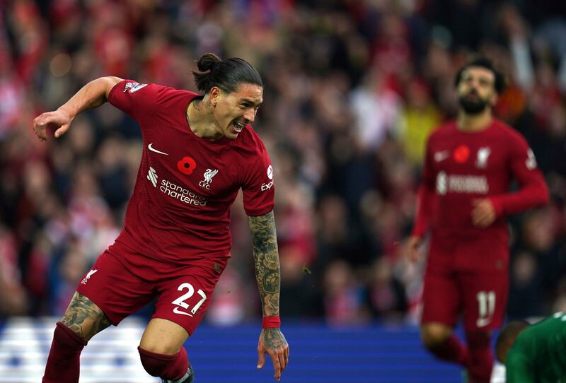 Darwin Nunez celebrates scoring his side's second goal. AP