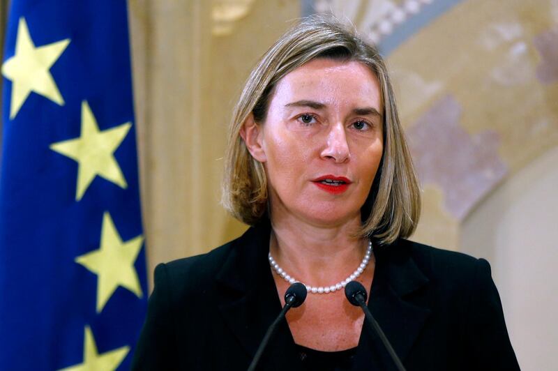 epa06399140 High Representative of the European Union for Foreign Affairs and Security Policy Federica Mogherini speaks during a press conference with Lebanese Prime Minister Saad Hariri (not pictured) at Hariri's residence in downtown Beirut, Lebanon, 19 December 2017. Mogherini is on an official visit to meet with Lebanese officials.  EPA/WAEL HAMZEH