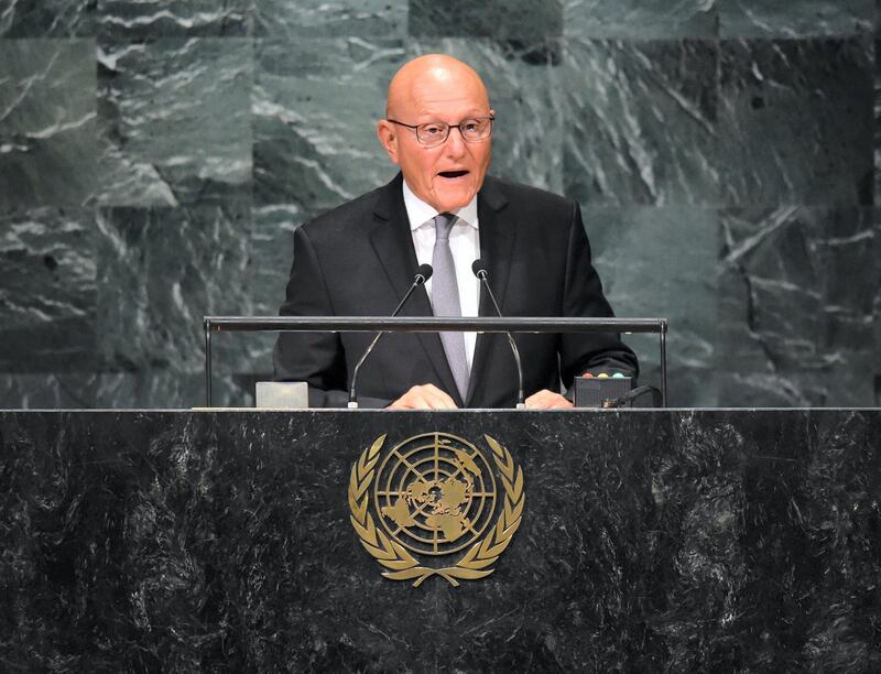 Tammam Salam, President of the Council of Ministers of the Lebanese Republic addresses the 71st session of the United Nations General Assembly at the UN headquarters in New York on September 22, 2016. (Photo by TIMOTHY A. CLARY / AFP)