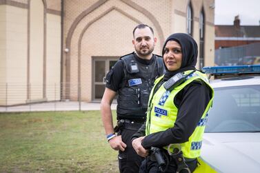 Police Constable Uzma Amireddy and PC Arfan Rahouf at Bull Lane Mosque in York, North Yorkshire. North Yorkshire Police