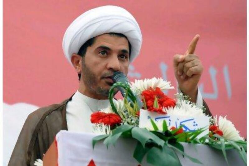 The secretary general of the leading Islamic Shiite opposition grouping Al Wefaq, Sheikh Ali Salman, addresses supporters in Duraz village, north of the Bahraini capital Manama. AP