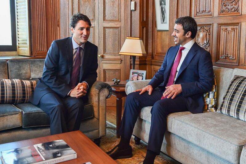 Sheikh Abdullah bin Zayed, Minister of Foreign Affairs and International Cooperation, meets with Canadian Prime Minister Justin Trudeau. Wam