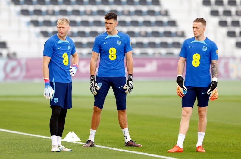 England's Aaron Ramsdale, Nick Pope and Jordan Pickford during training. Reuters