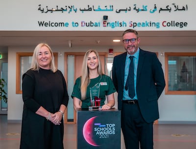 Eimear McKenna Singh, from Which Media with Dubai English Speaking College's director of English, Charlotte Abbott, and principal Andrew Gibbs. Photo: Top School Awards